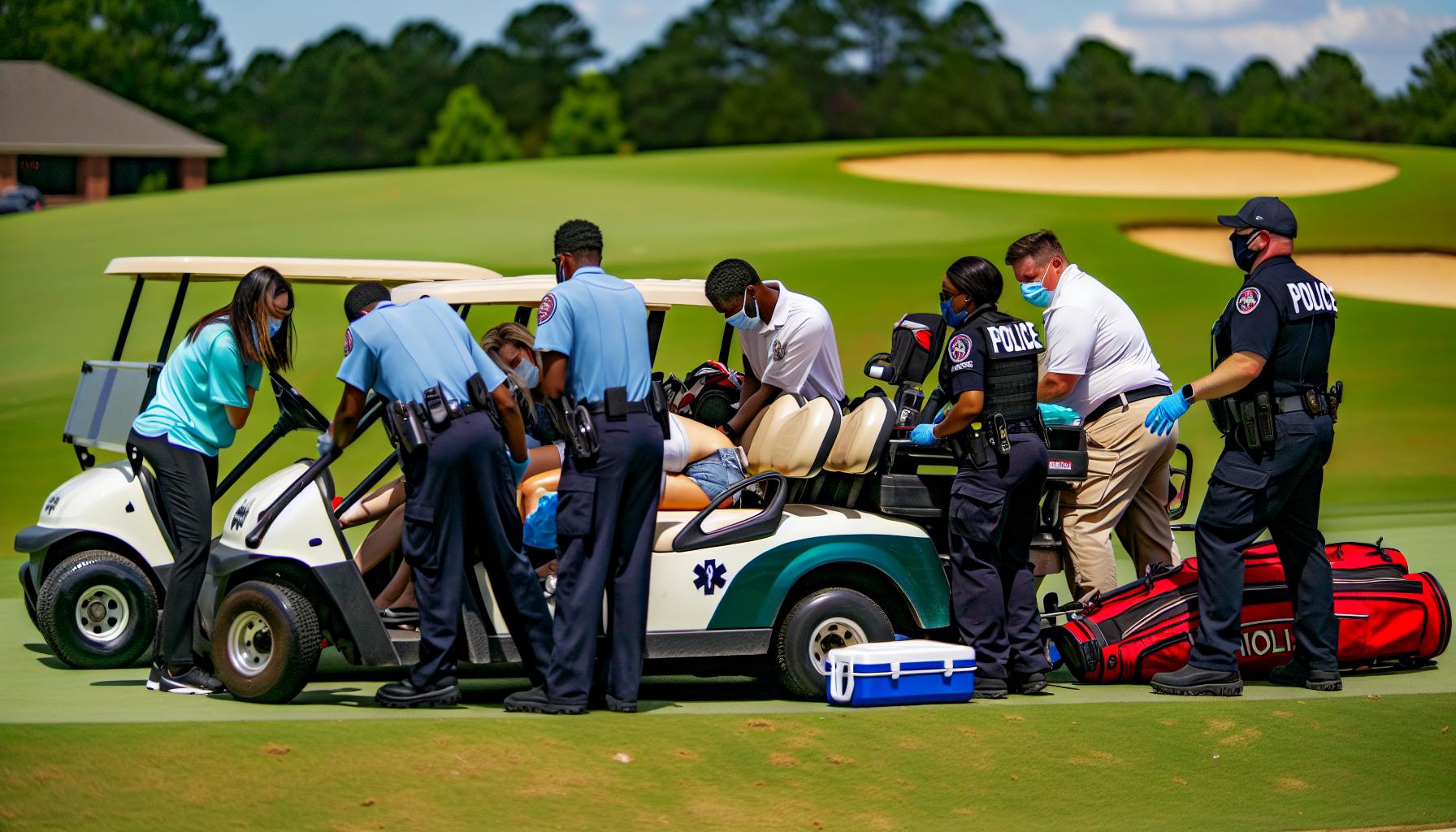 Emergency services arriving at a golf cart accident scene in Georgia