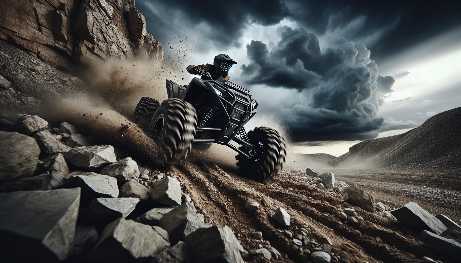 Side by side ATV speeding through a rugged landscape