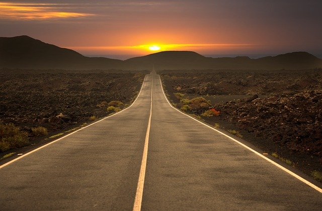 road, desert, sunset