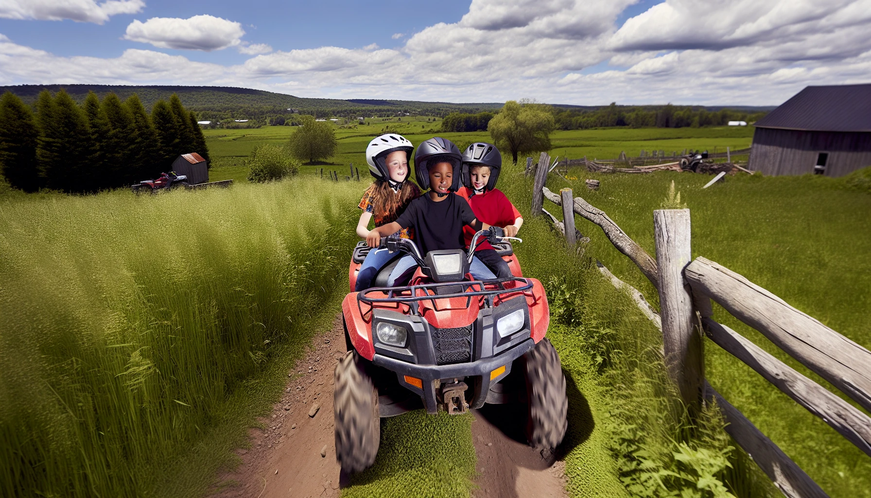 Children riding ATV in a rural area