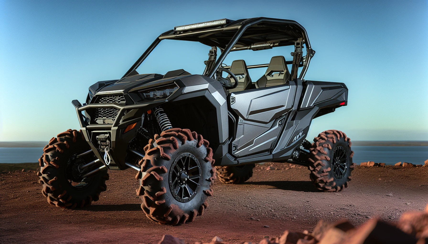 Side by side ATV with roll bars and safety features