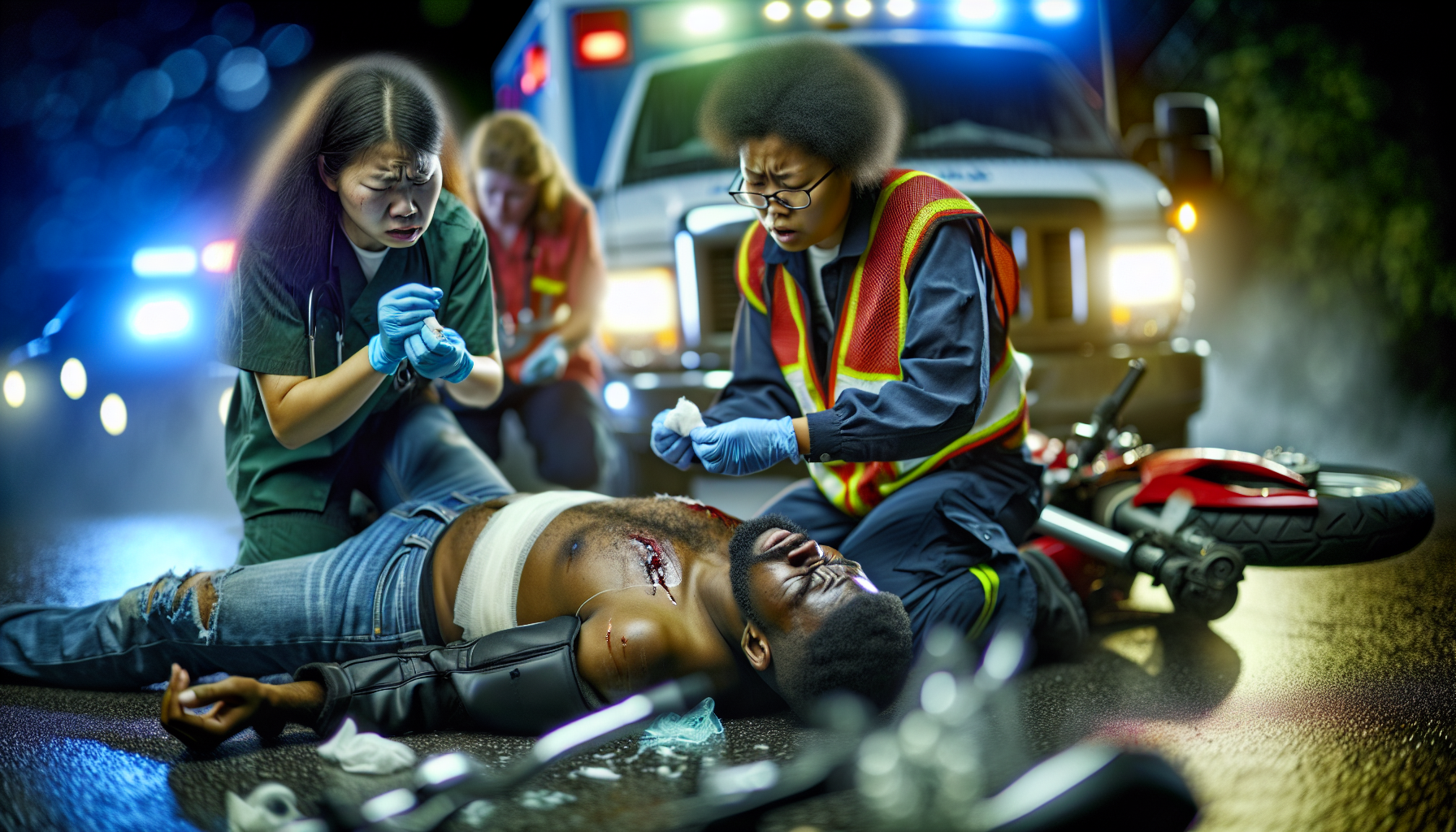 Motorcycle accident victim receiving medical attention