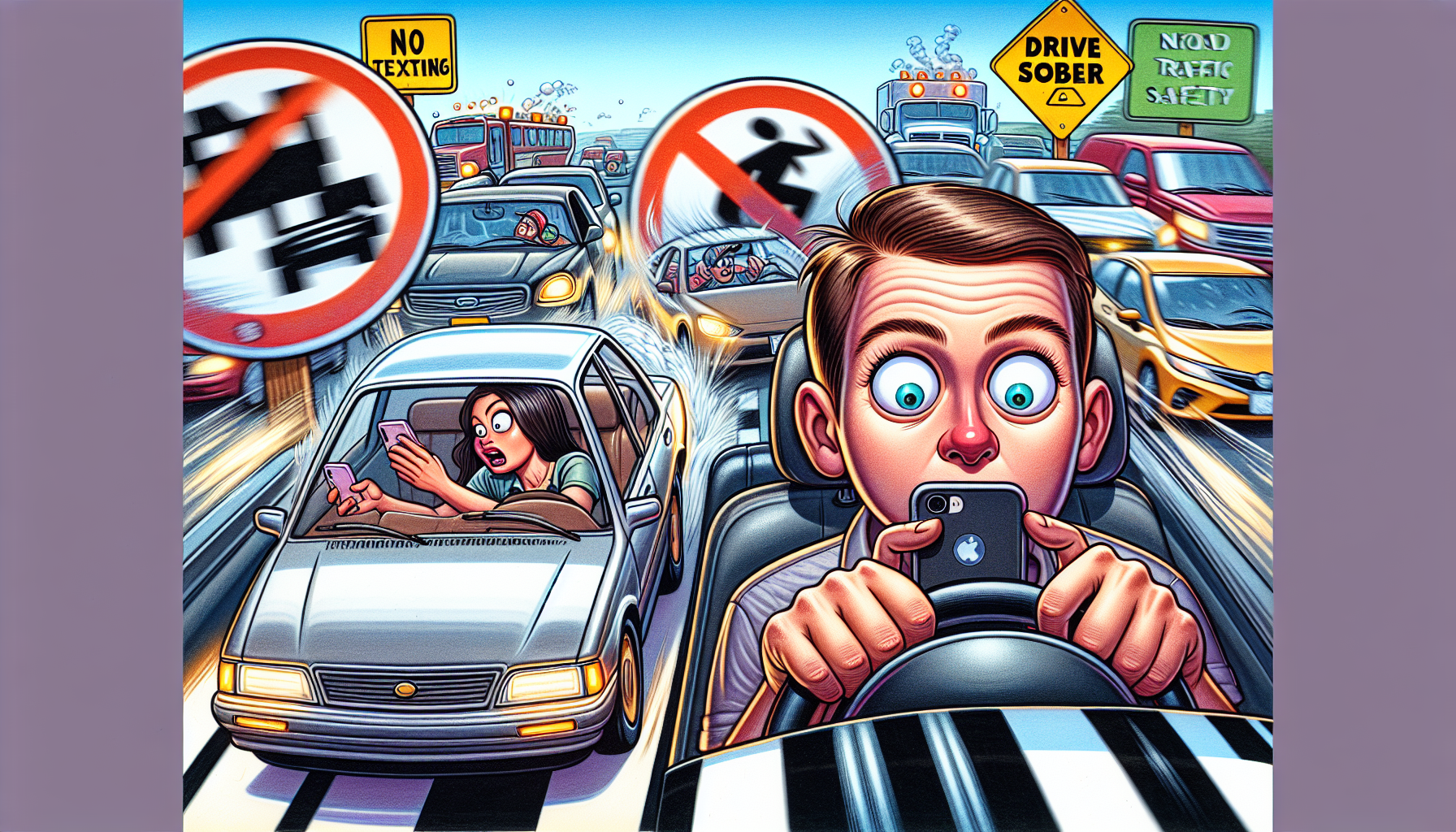 An illustration depicting the differences between distracted driving and drunk driving, highlighting the dangers of both.