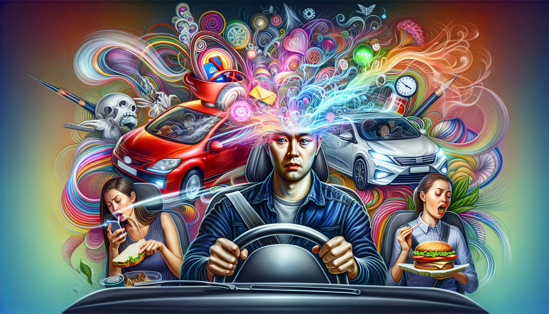 A conceptual illustration representing different types of distracted driving.