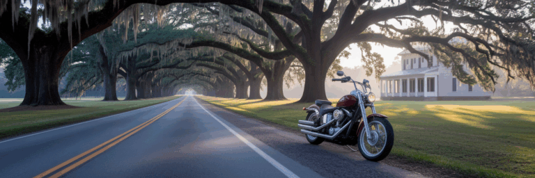 Motorcycle parked on Georgia's Antebellum Trail.