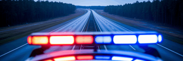 Police lights on I-75 highway at dusk.